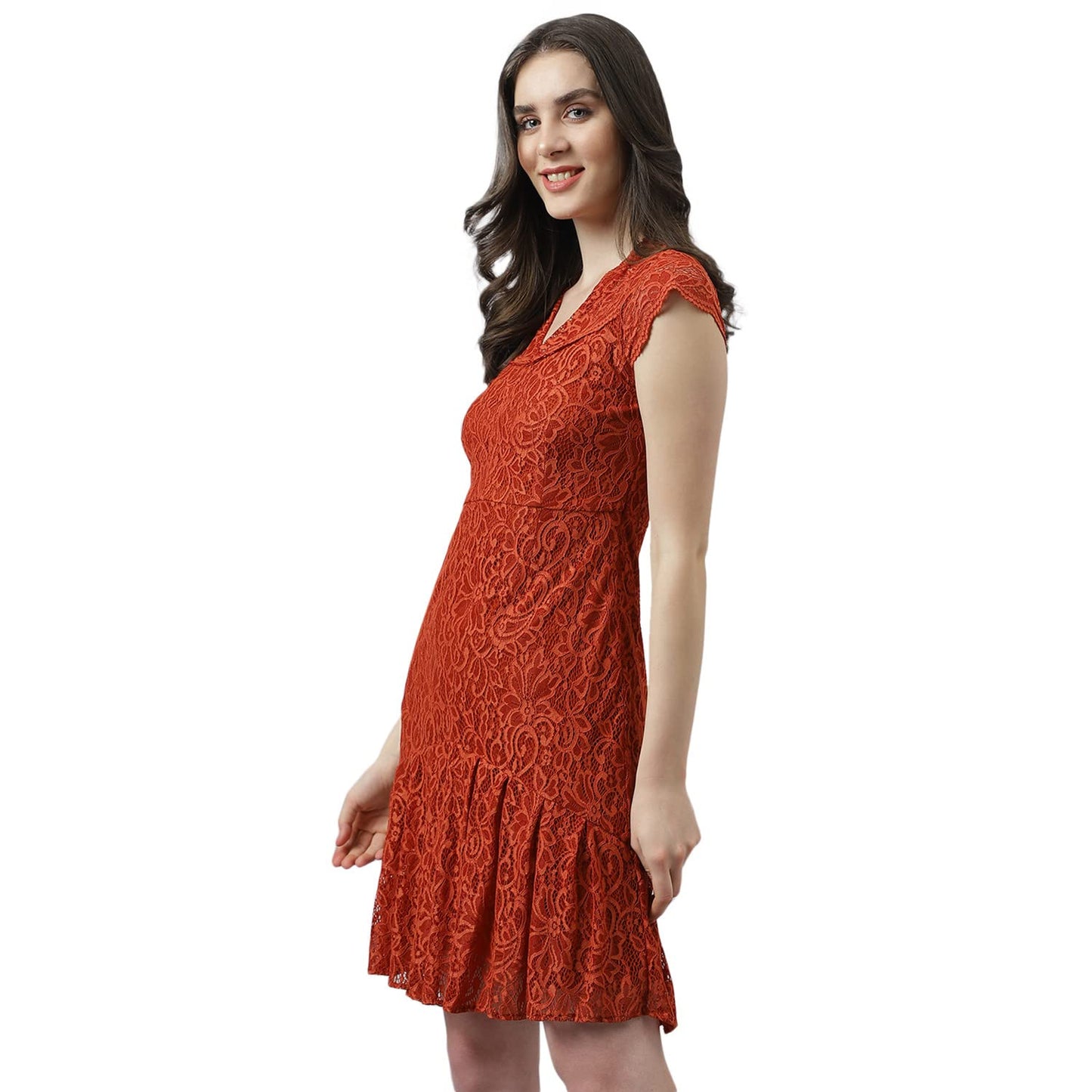 Latin Quarters Women's Rust Self Design Lace Cap Sleeve Dress with Ruffles_L