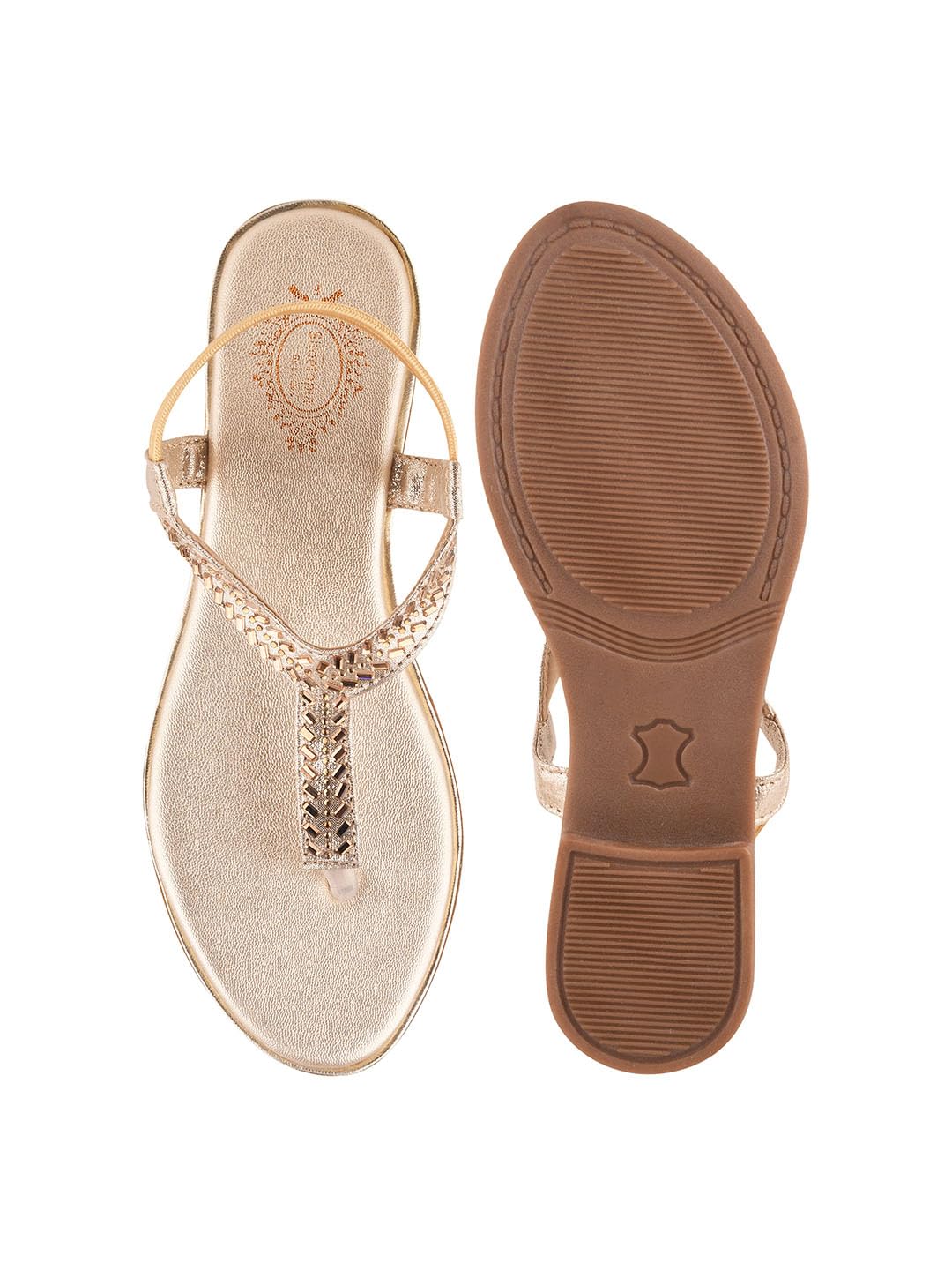 Shoetopia Women's Golden Flat Sandals | Stylish T-Strap Slip-On Flats with Braided Detailing for Casual & Party EU37