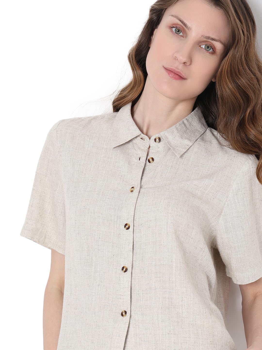 VERO MODA Women Solid Beige Viscose Regular Fit Shirt