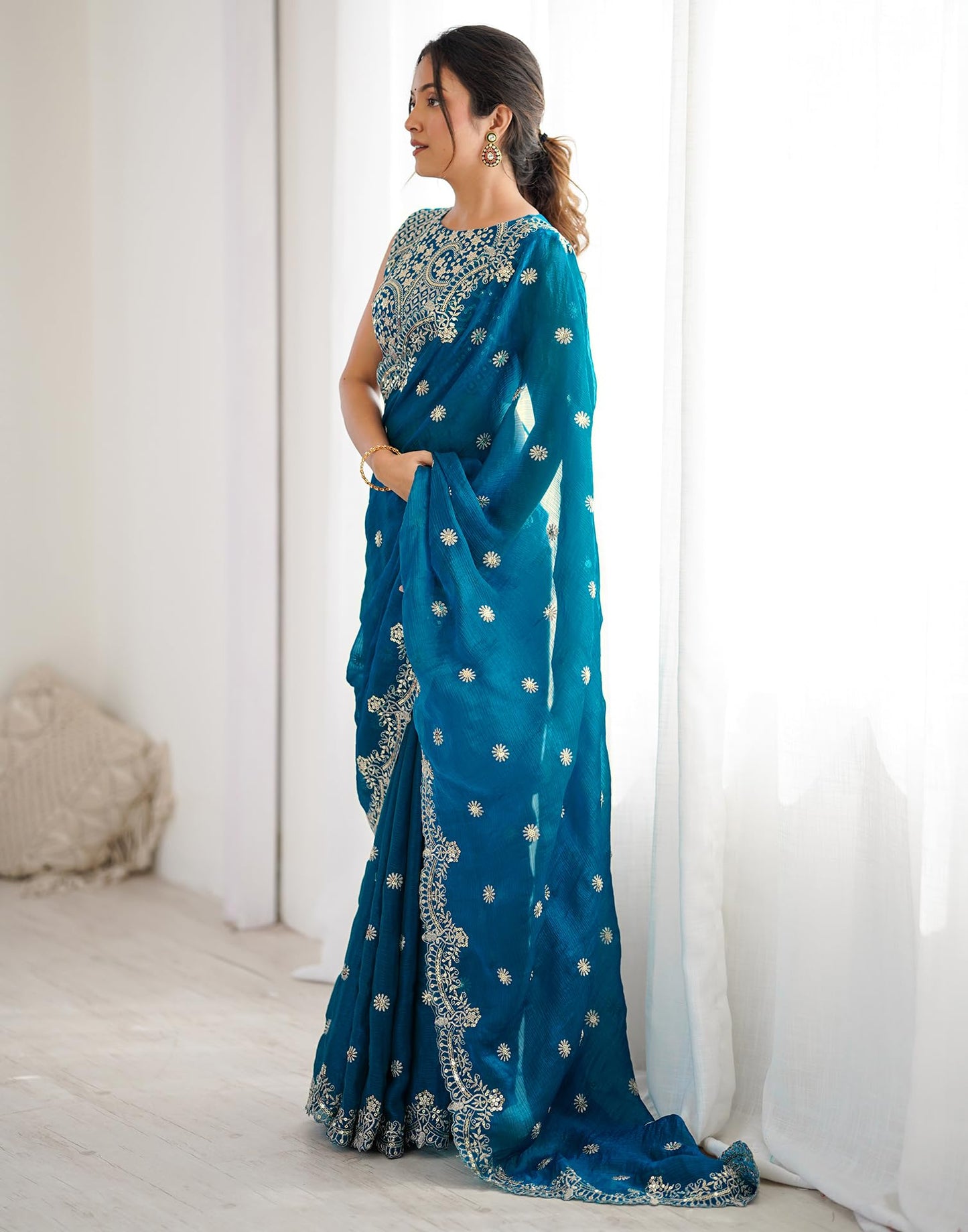 SIRIL Women's Sequence Embroidery Chiffon Saree With Unstitched Blouse Pieces (4856S151-Blue)