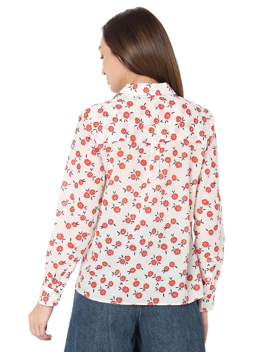VERO MODA Women Floral Print Orange Cotton Regular Fit Shirt