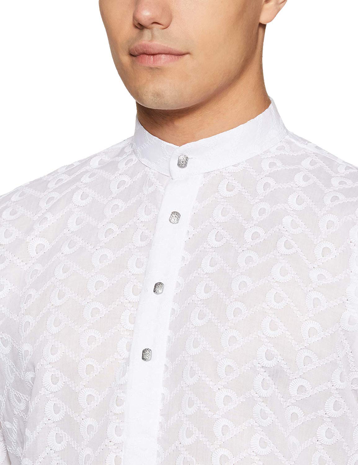 Royal Kurta Mens Chikan Embroidered Cotton Kurta White