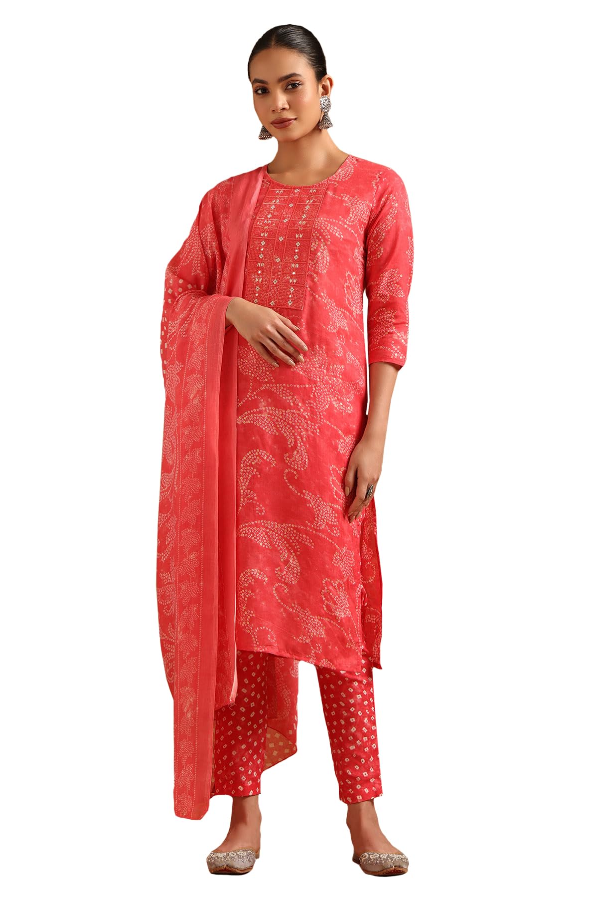 Soch Womens Peach Cotton Blend Bandhani Salwar Suit With Faux Mirror