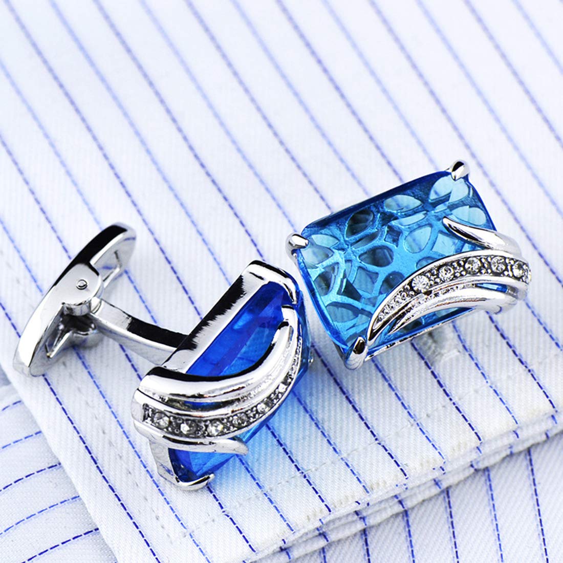 Peora Silver Plated Blue Square Crytal Cufflinks for Men Boys Wedding Business Gift