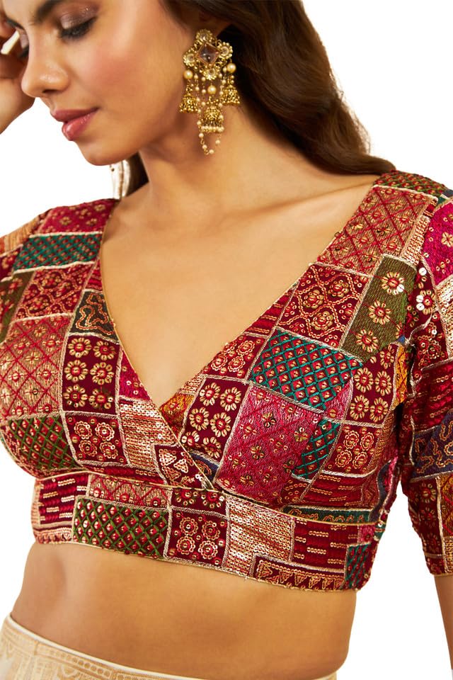 Soch Womens Maroon Tussar Sequin Embroidered V-Neck Back-Open Blouse