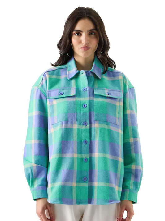 The Souled Store Plaid: Grapemist And White Women Shackets Shackets Casual Plaid Oversized Quilted Winter Flannel Sherpa-Lined Stylish Fashion Trendy Classic Checkered Cozy Button-Up Utility