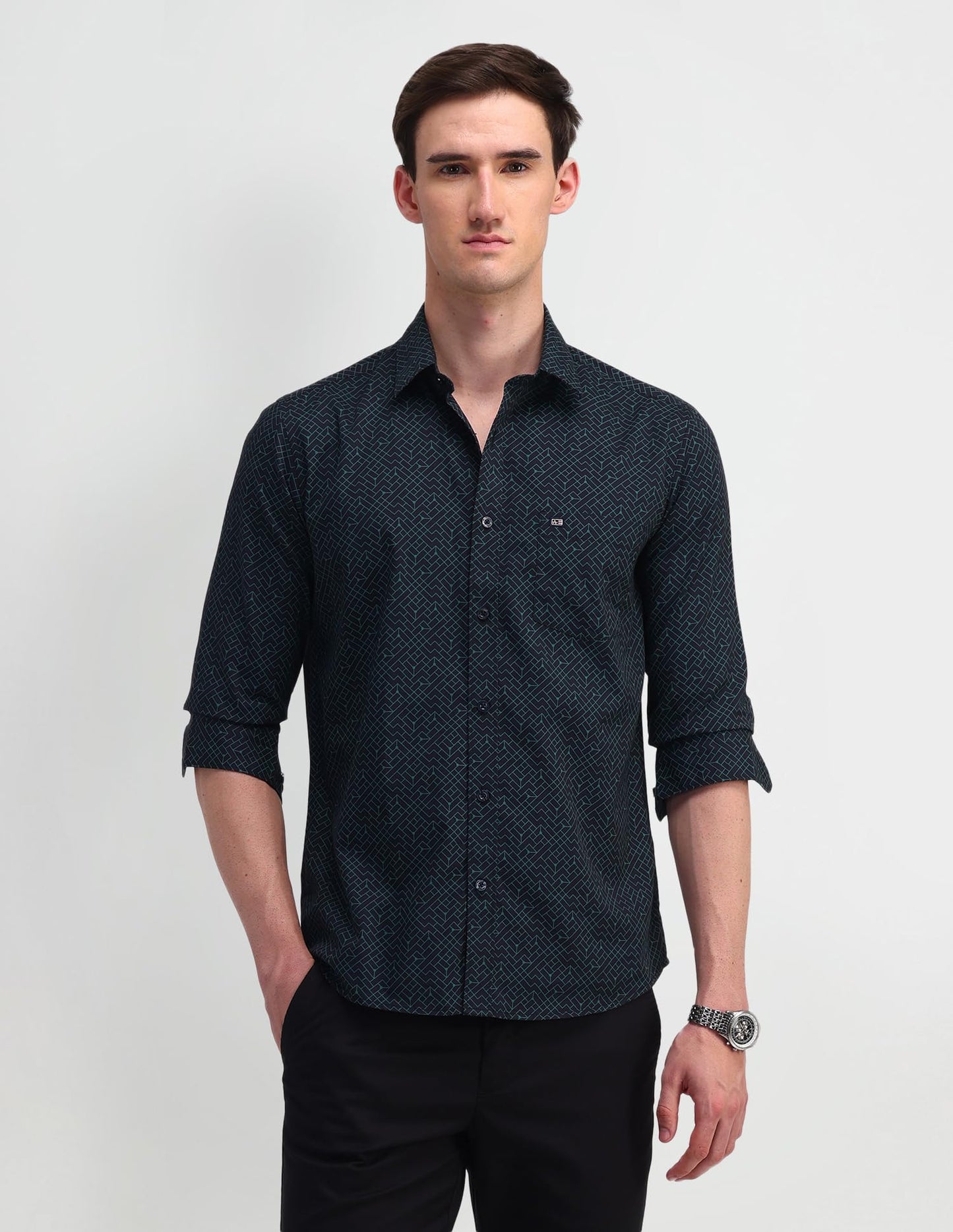 Arrow Sports Men's Blue Printed Collared Neck Long Sleeve Casual Cotton Slim Fit Shirt (ASAISH1735_Blue_40)