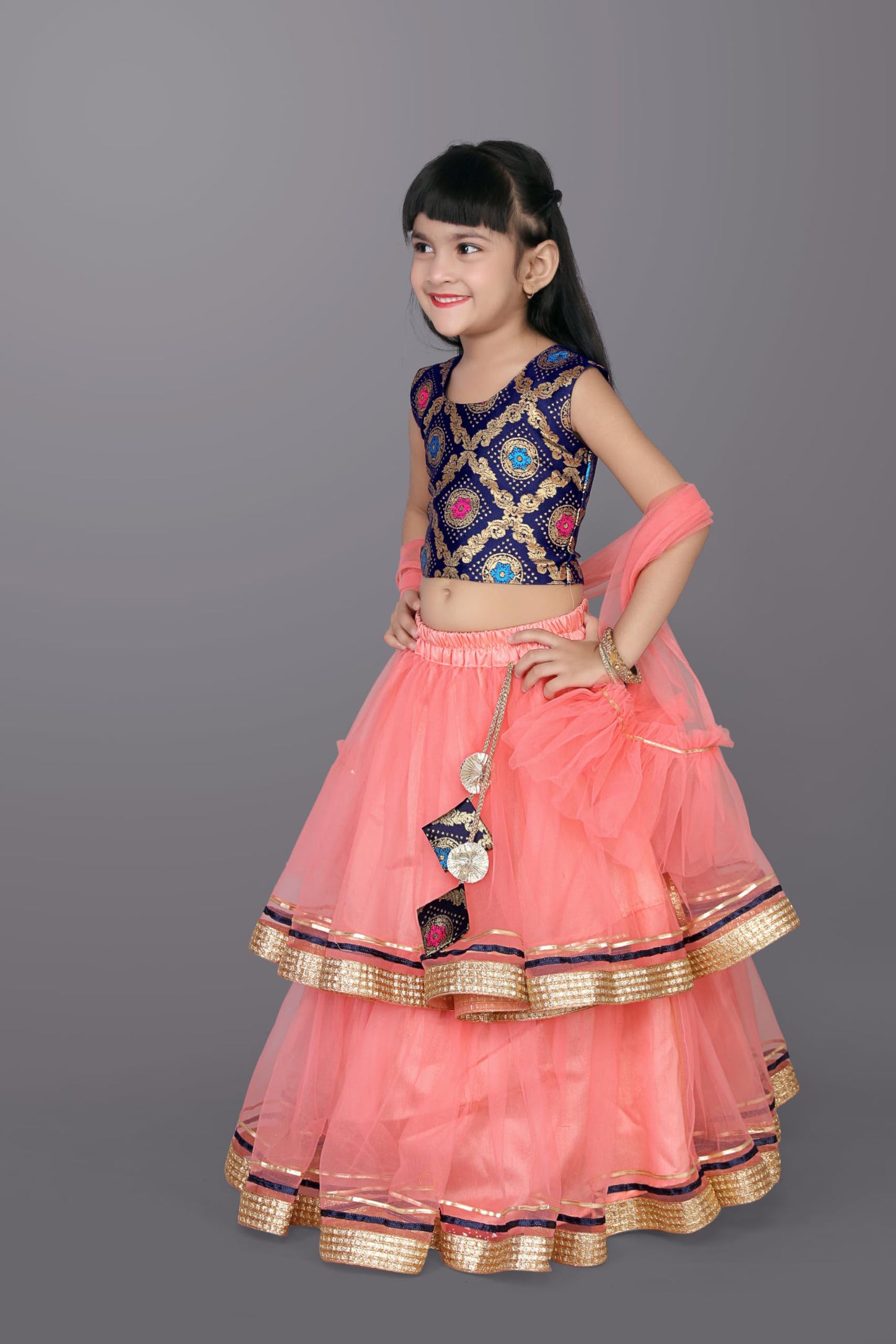 satyamfab Girls Ready to Wear Lehenga & Blouse with Dupatta - Heavy Mono Net and Jacquard Fabric, Fully Stitched