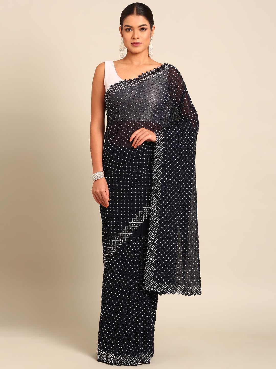 MOHEY Women's Georgette Hand|Stone|Thread Saree