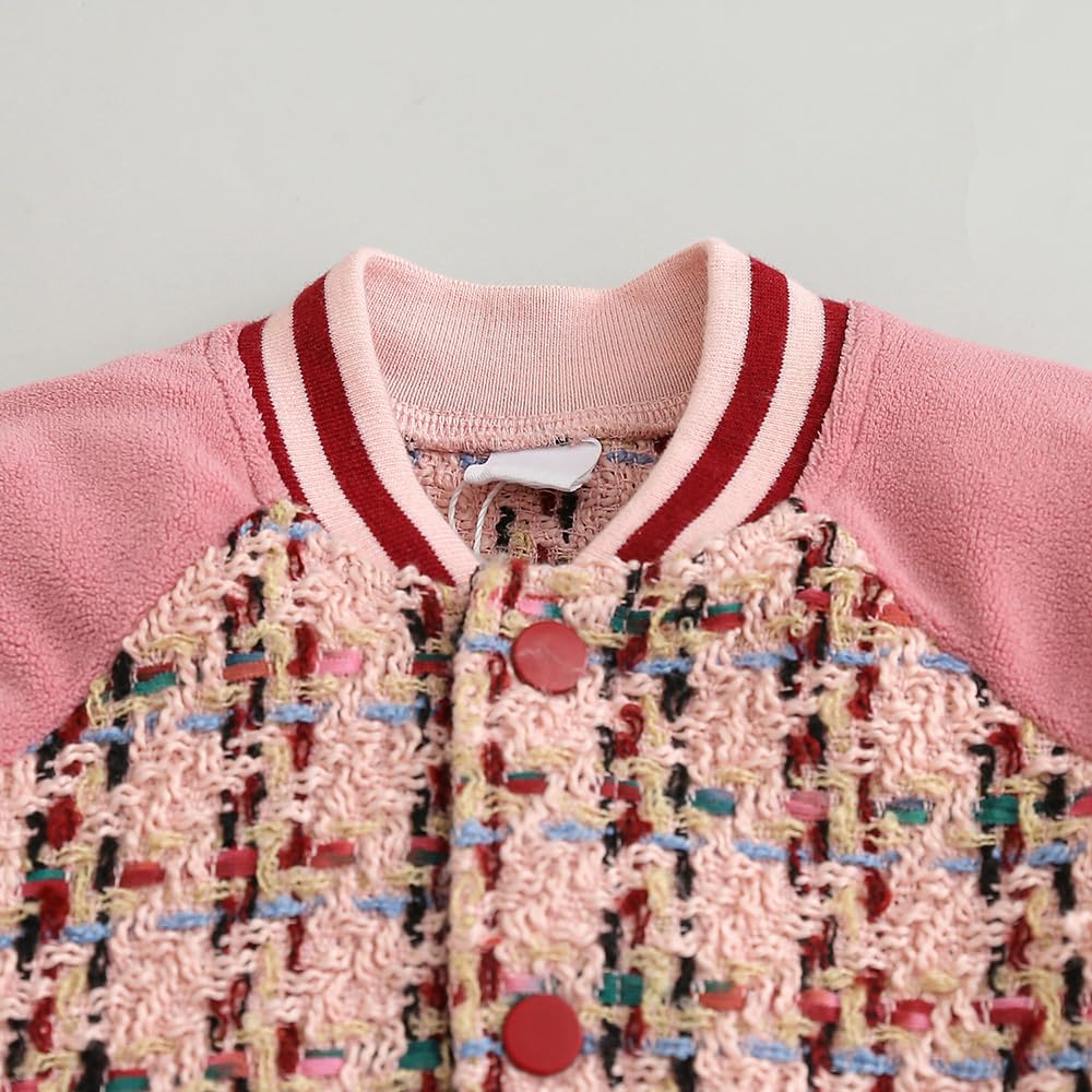 Hopscotch Girls Pink Full Sleeves Fabric Spliced Tweed Bomber Jacket For Age (6-7 Years)