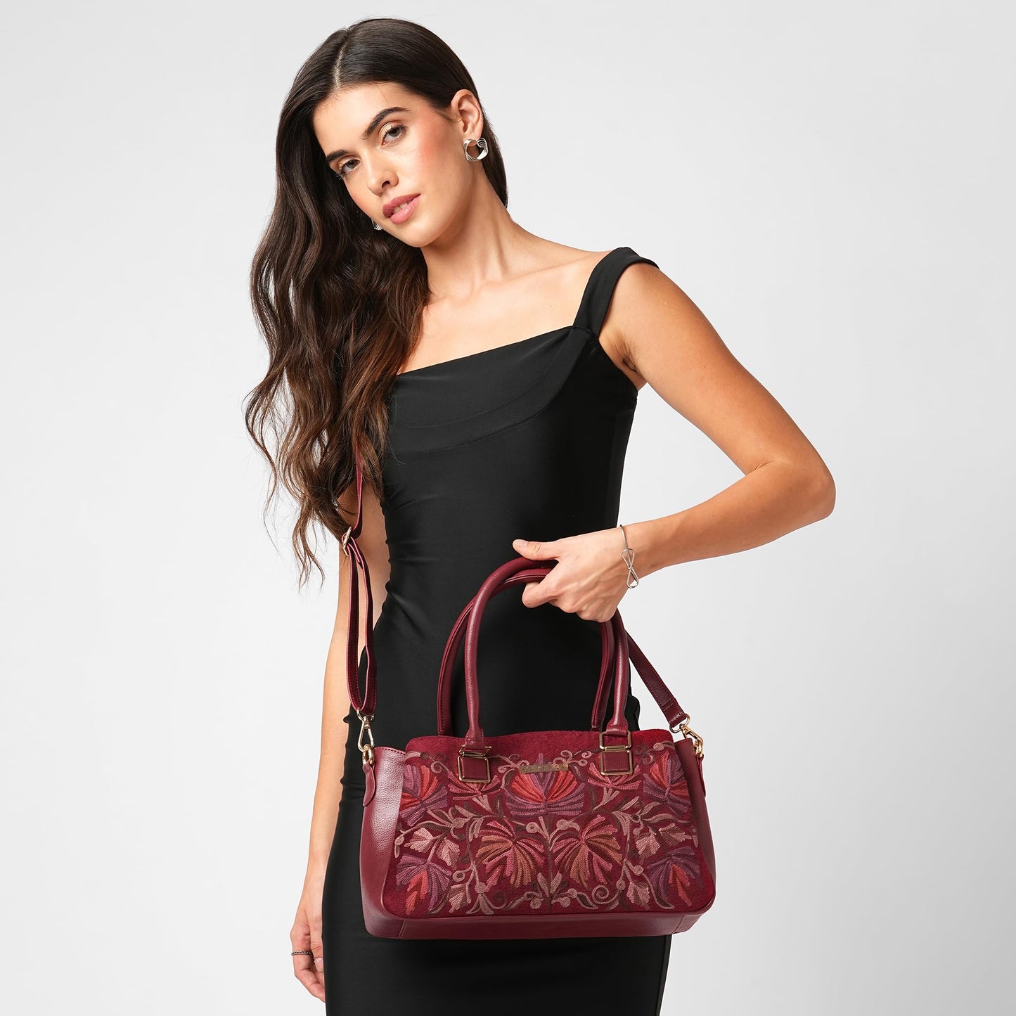 Caprese Siji Tresana Large Satchel Bag for Women | Kashida Embroidery Handbag with Adjustable & Detachable Strap & 3 Spacious Compartments | Stylish Handheld Bag for Work, Travel & Everyday Use