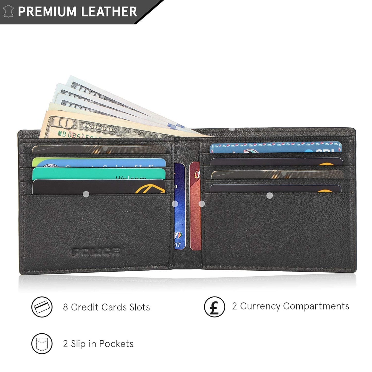 Police Pyramid Men's Slim Wallet, Leather Purse with 8 Card Slot, 2 Currency Compartment, 2 Slip-in Pockets - Black