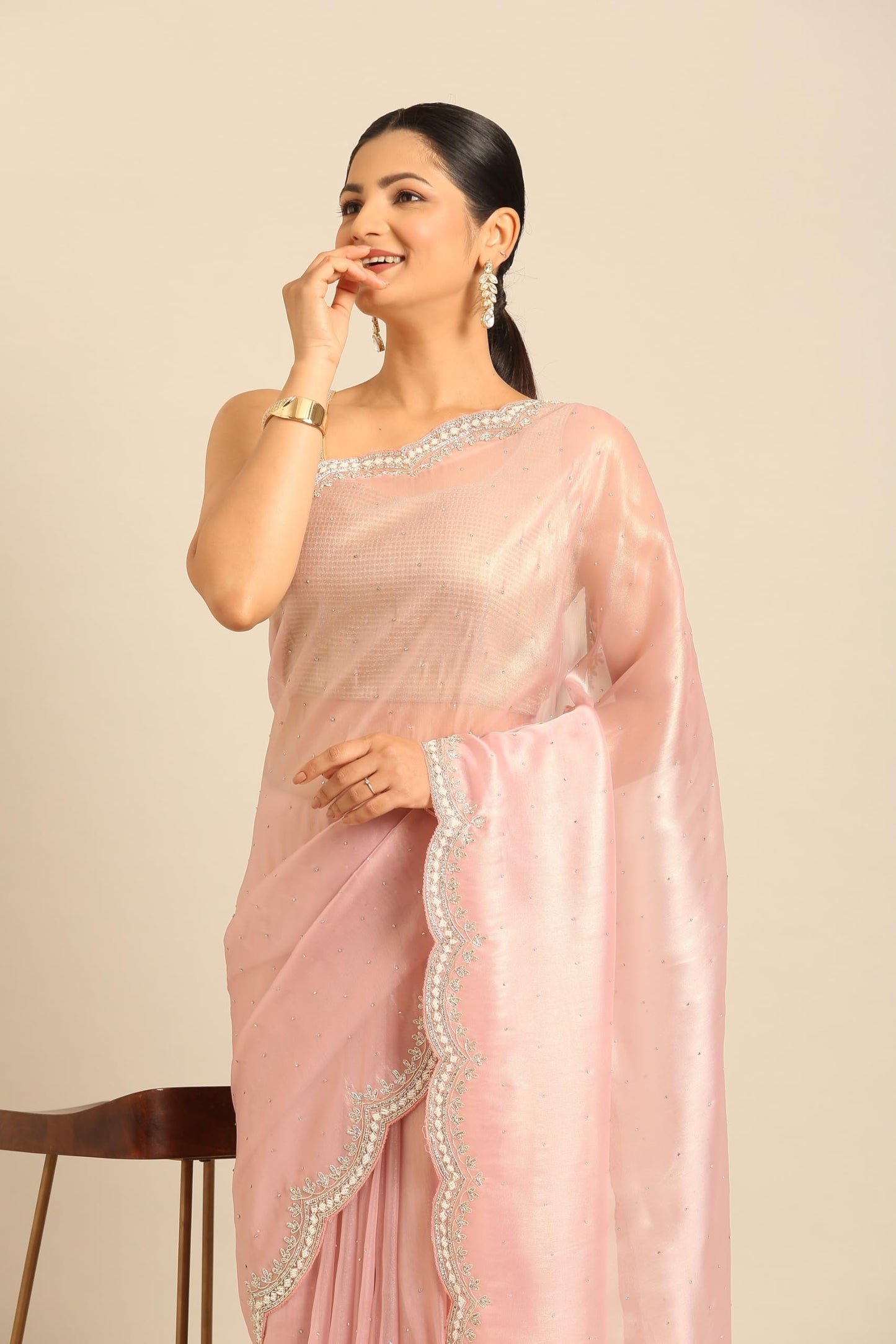 MOHEY Women's Pink Organza Hand Embroidered|Stone Work Saree