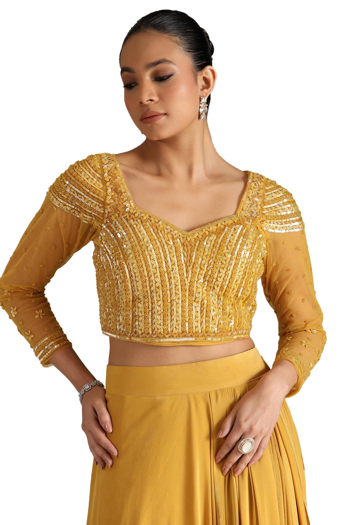 Soch Womens Mustard Nylon Blend Solid Ready To Wear Saree