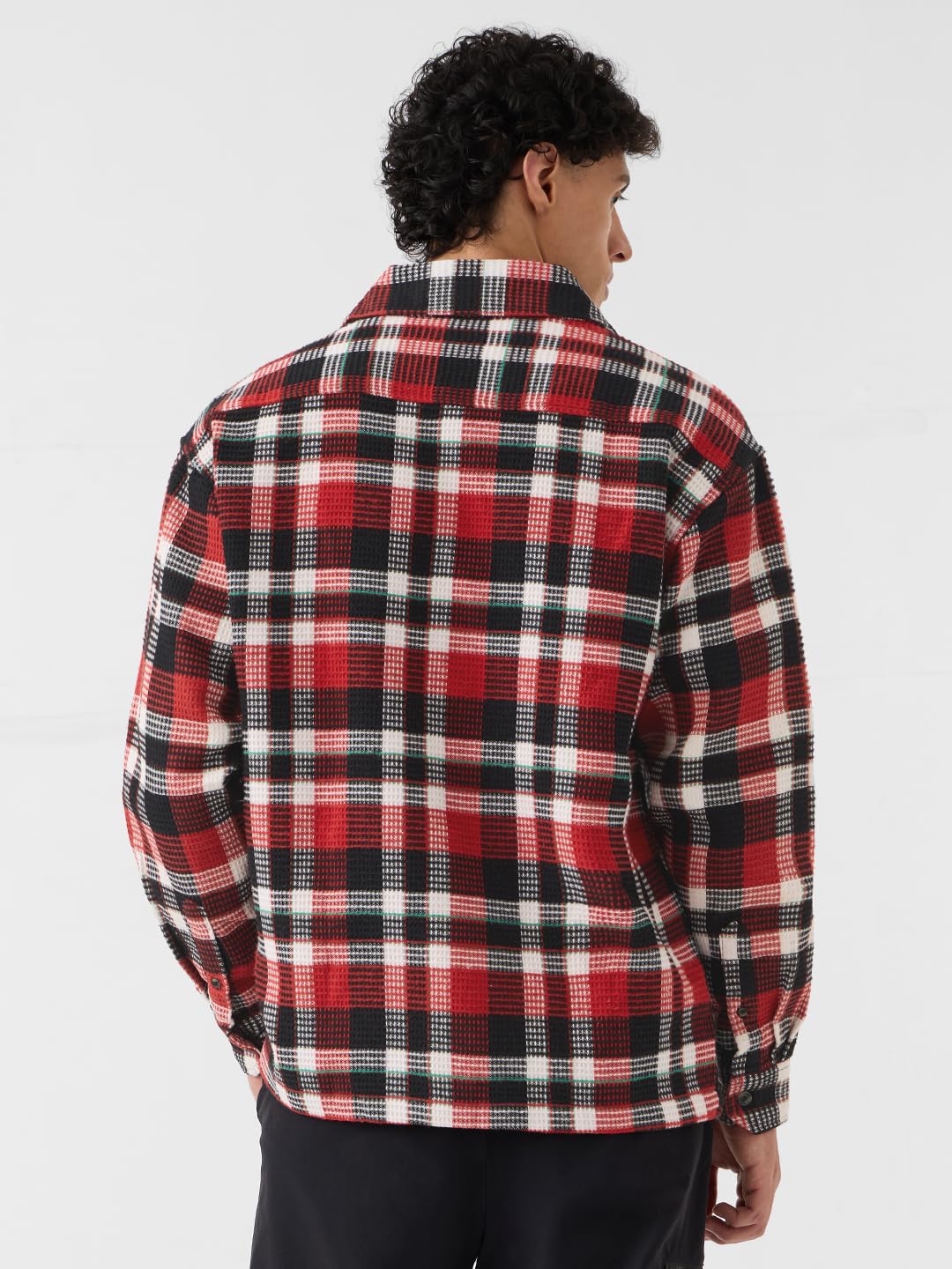 The Souled Store Plaid Shacket: Volcano Men and Boys Long Sleeves Collared Neck Button Front Red Cotton Blend Oversized Shackets