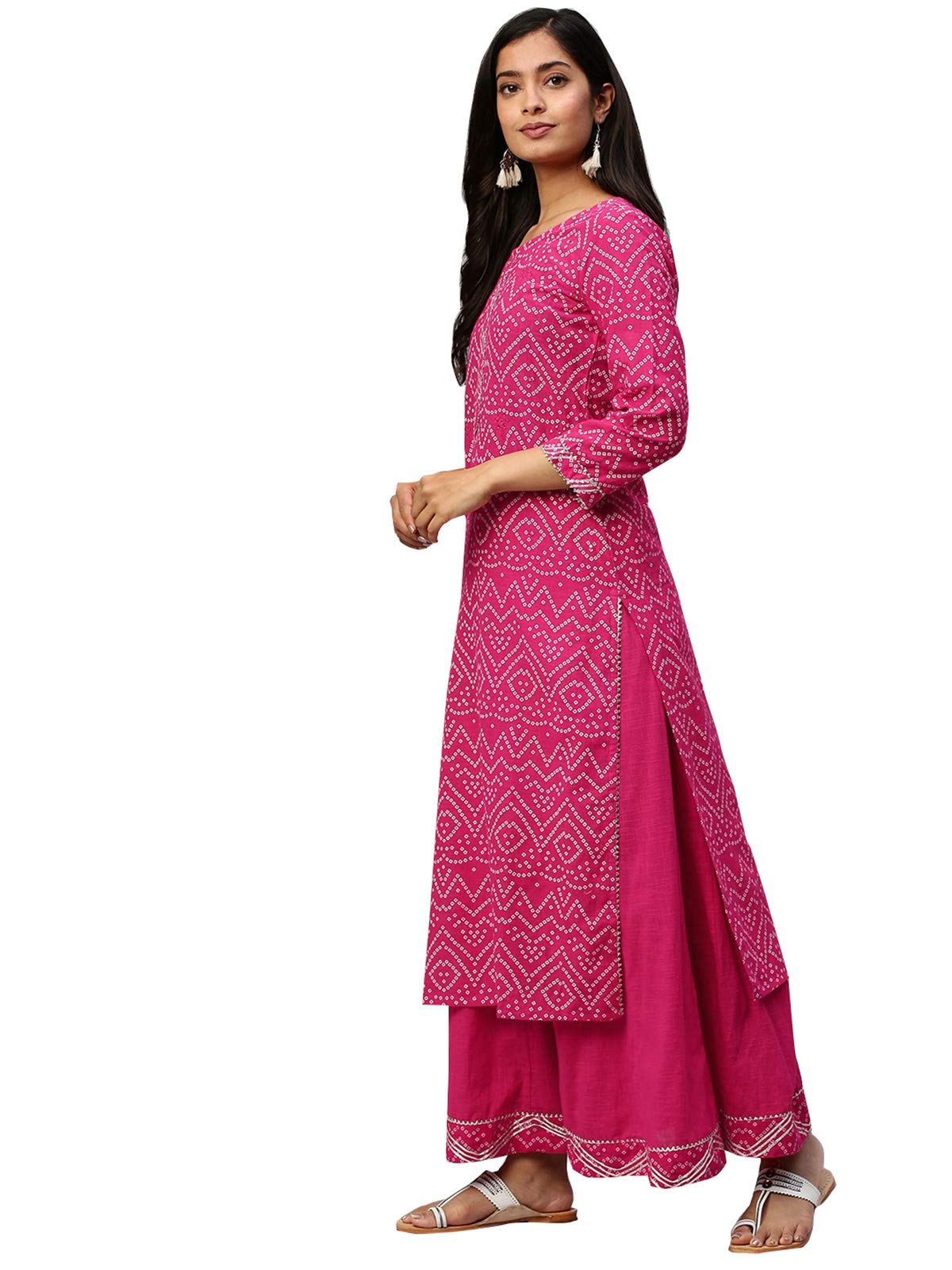 ishin Women's Pure Cotton Printed A-Line Kurta suit set With Palazzo Kurplpramff-846_S_Pink