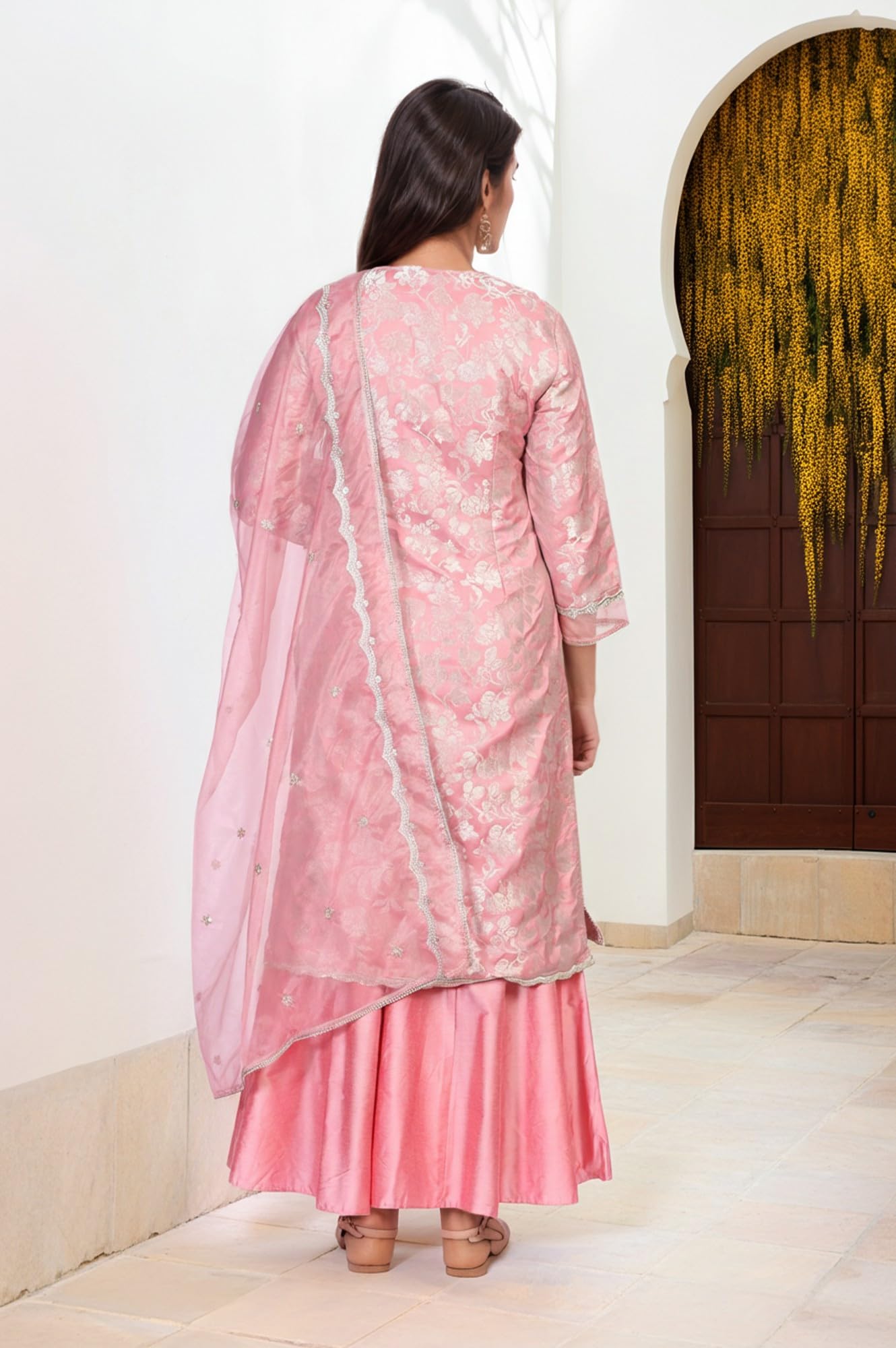 W for Woman Pink Self Design Jacquard Zari Work Straight Kurta with Sharara and Dupatta Set (WS13228-314309-2XL)