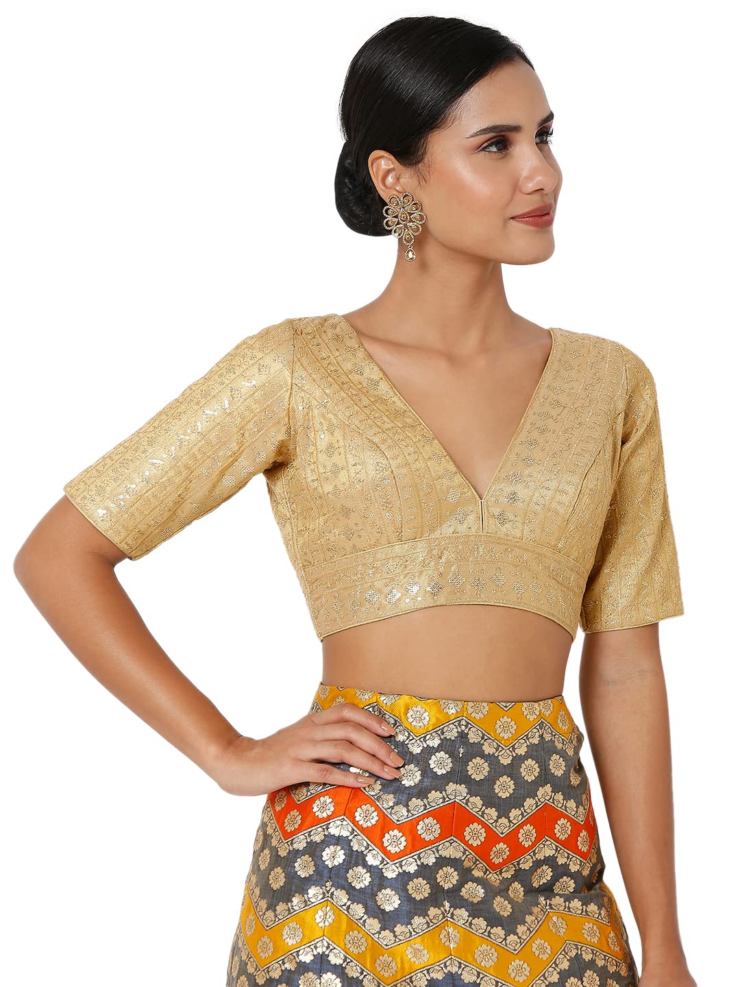S SALWAR STUDIO Women's Dark Gold Tissue Embroidered Readymade Saree Blouse-SSB4201-DAGO