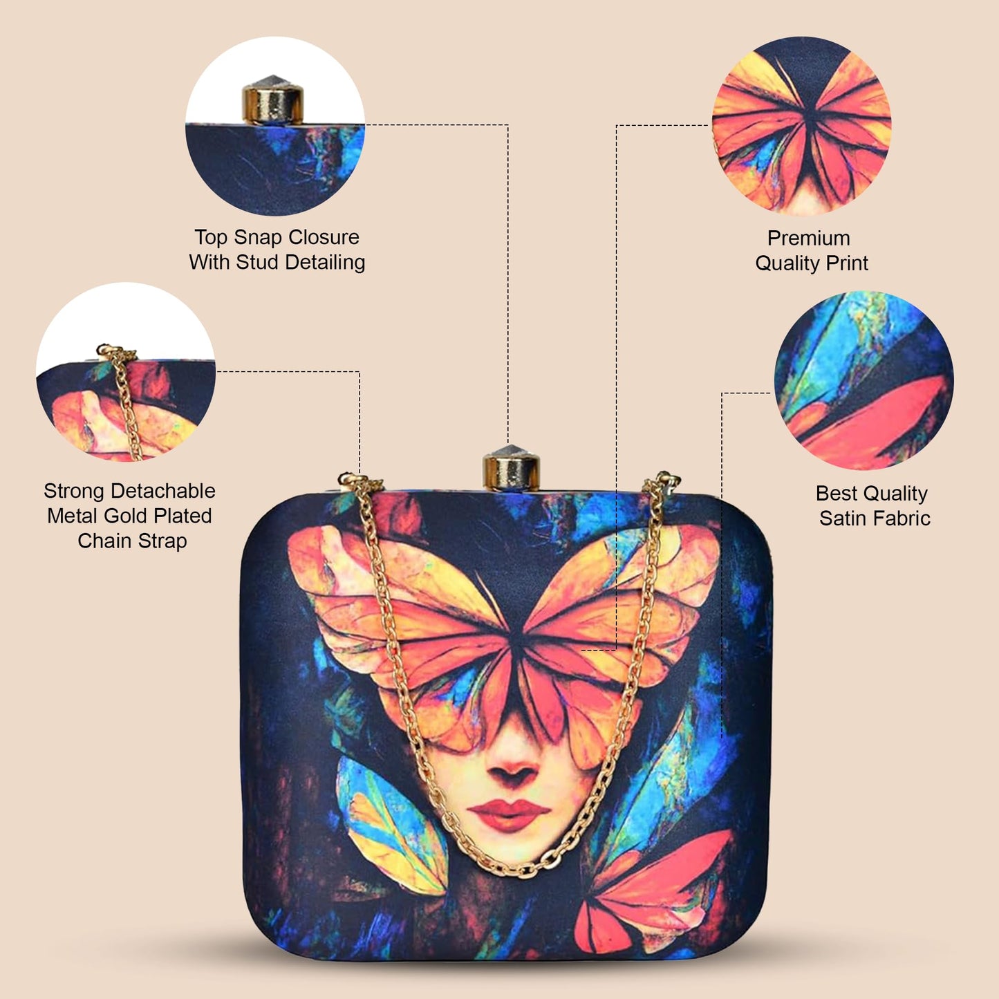 Artklim Women’s Butterfly Portrait Printed Clutch Bag | Stylish Ethnic Ladies Evening Handbag for Party, Bridal and Wedding Use | Box-Style Clutch Purse with Detachable Metal Chain Strap (Multicolor)