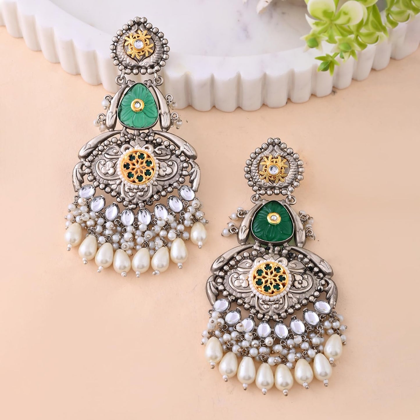 Voylla Antique Opulance Elegant Green Long Chandbali Earrings|Danglers Earrings For Women|Festive Earrings|Wedding|Party |Gift For Women|