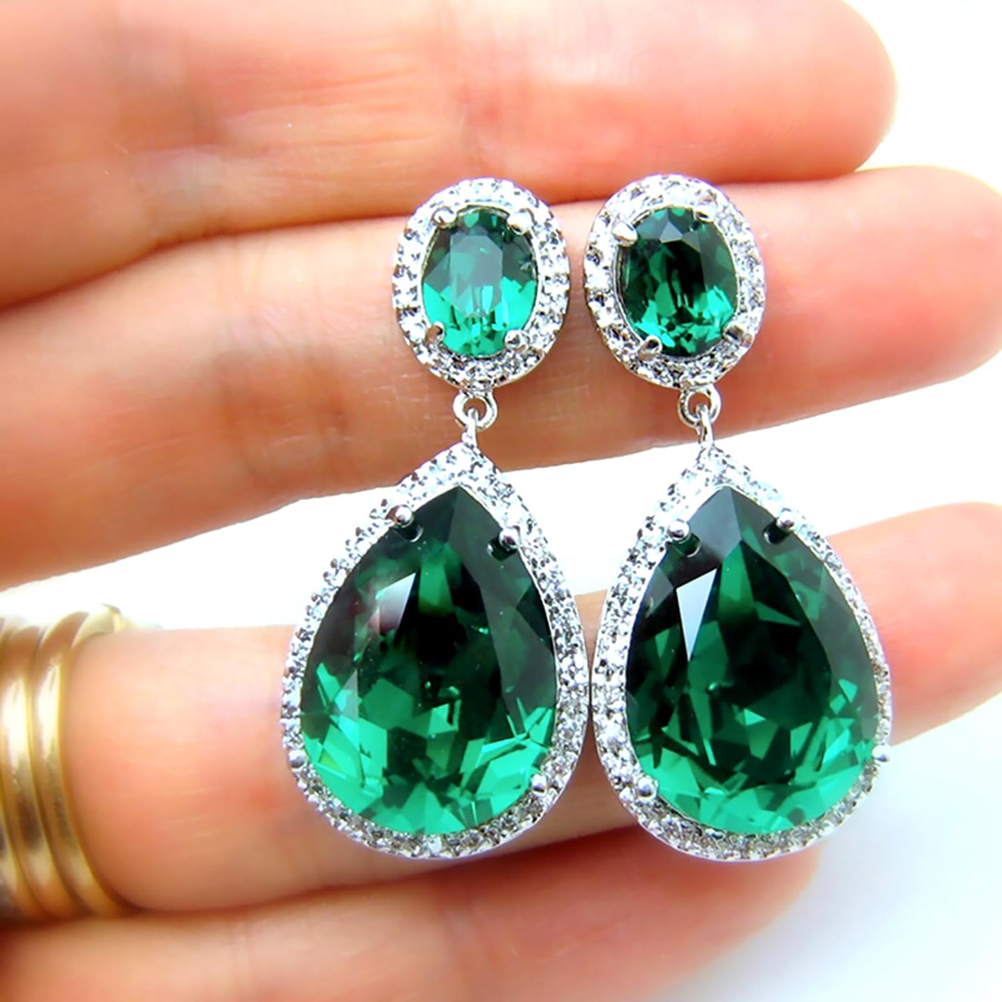 Peora Silver Plated Cubic Zirconia & Green Crystal Studded Drop Earrings Trending Jewellery For Women