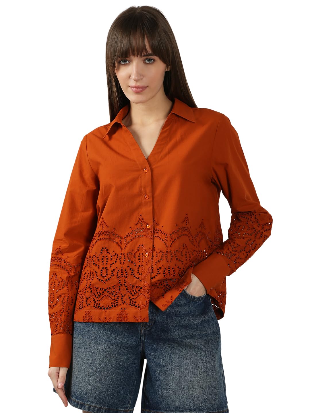 VERO MODA Women's Cotton Regular Fit Brown Shirt