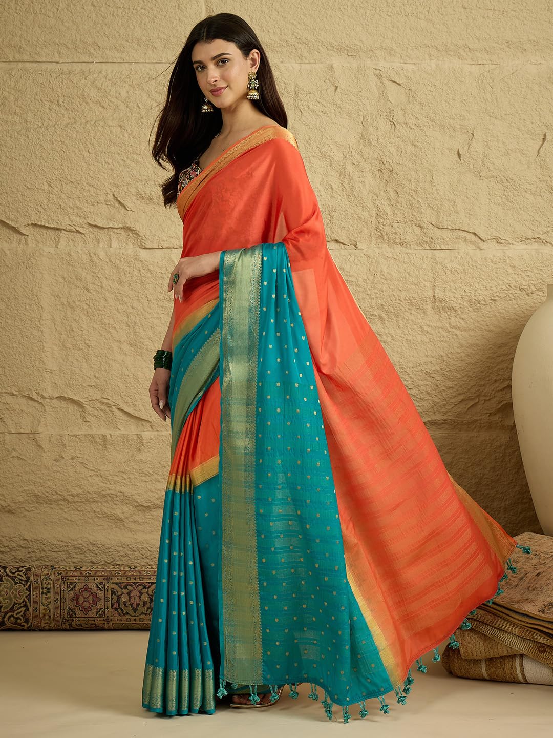 AKHILAM Women's Orange Mysore Silk Zaributta WovenDesign TasselsandLatkans Saree With Unstitched BlousePiece | saree for woman | Designer Saree for Women | Soft and Skin Friendly