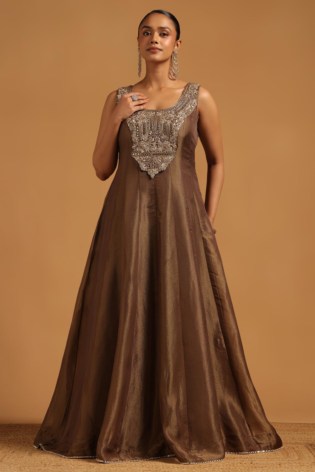 Soch Womens Olive Tissue Floral Gown with Beads and Stones