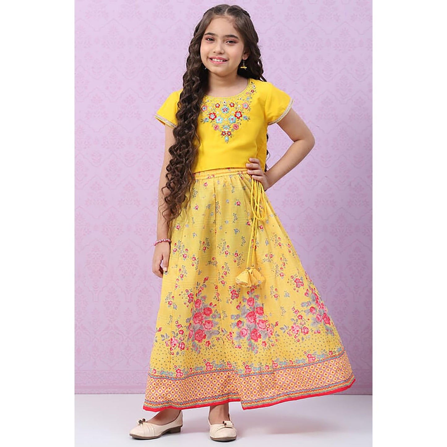 BIBA Girls Polyester Flared Self Design Lehenga Set (KW4960EAW22YEL_Yellow_15)