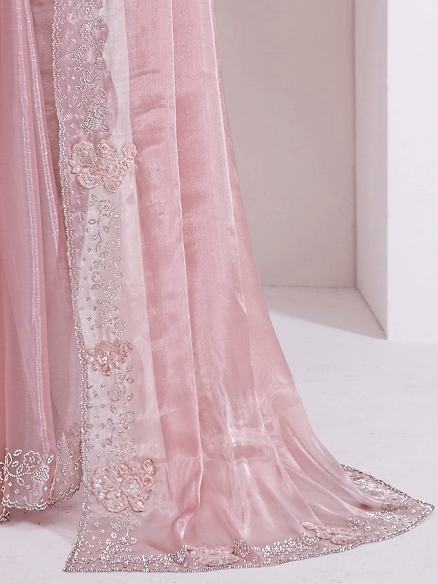 AKHILAM Women's Organza Solid Embellished Saree With Unstitched Blouse Piece(Pink_MAHEK737E_MK)