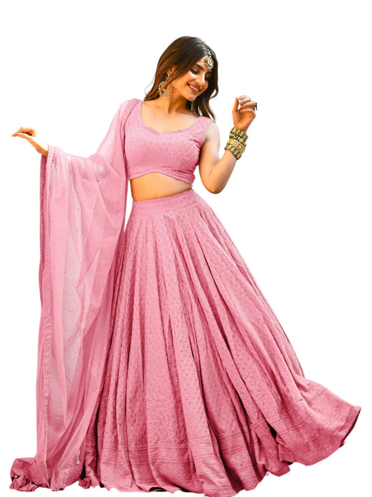 Zeel Clothing Women's Georgette Semi-stitched Sequins Thread Embroidered Lehenga Choli With Dupatta (5124-Light-Pink--Lehenga-Choli; Free Size) (Light-Pink)