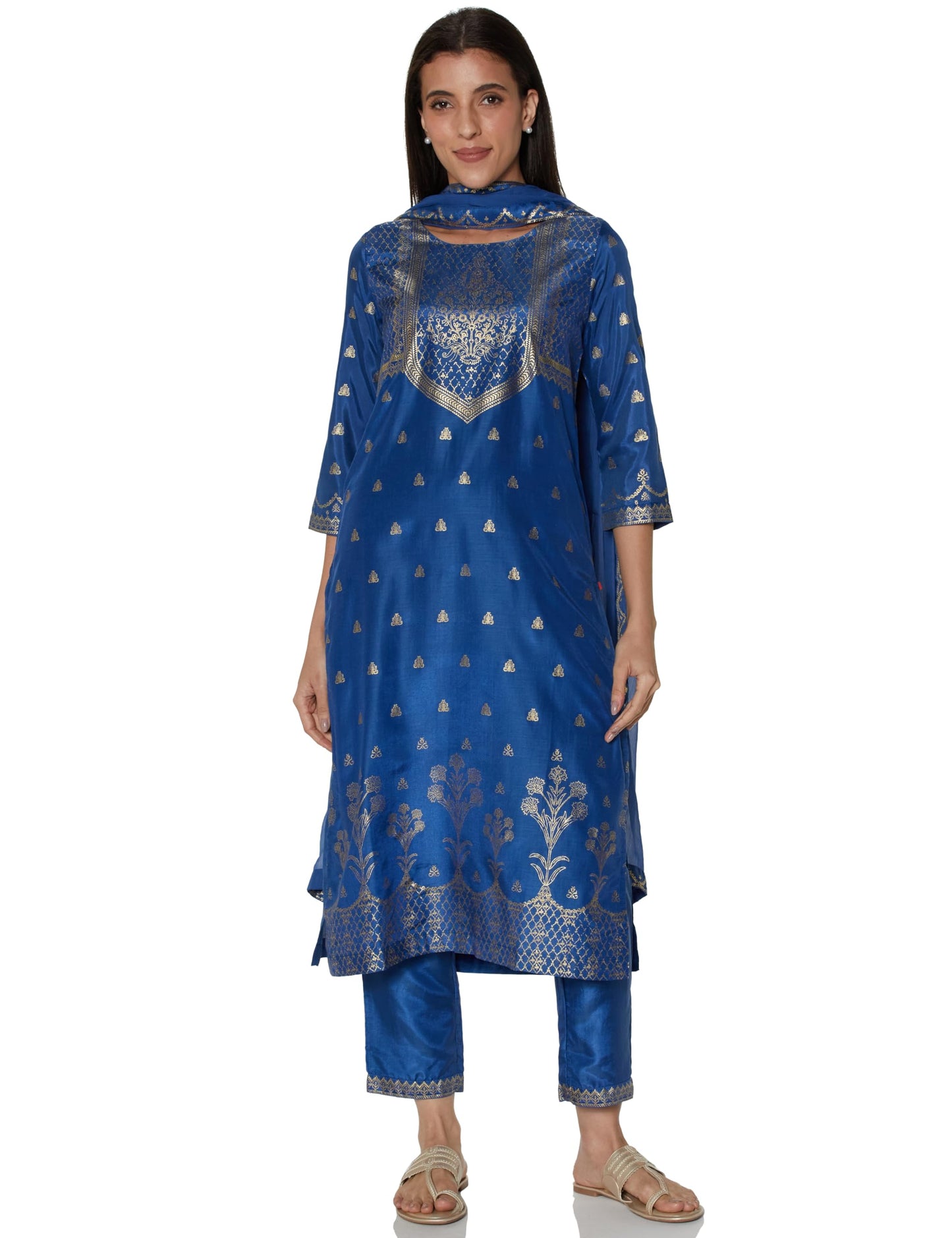 BIBA Women's Polyester Printed Narrow Salwar Kurta Dupatta (Skdassorted7666E_Blue_34)