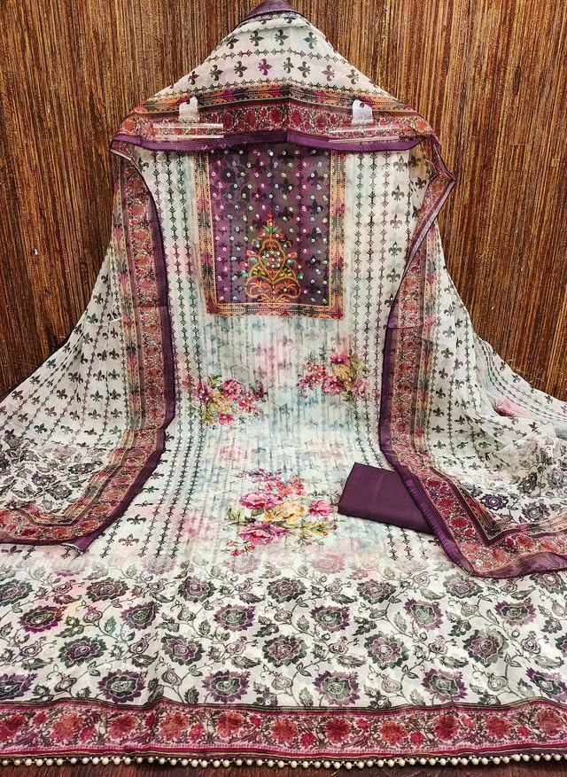 VARNI FABRICS Organza Dress Material for Women Solid Unstitched Woman Salwar Suit Dress Material With Organza Dupatta White Wine