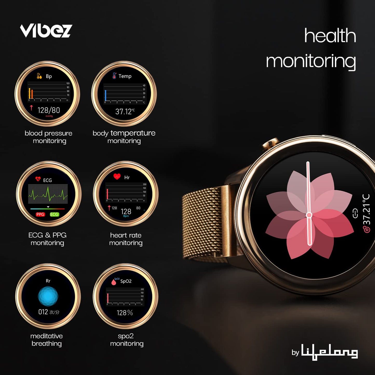 Vibez By Lifelong Xena SmartWatch For Women With Hd Display| Ecg+Ppg|Body Temprature|24X7 Heart Rate & Spo2 Tracking| Sports Mode|IP68|10 Days Battery Backup(Vbsww126, Gold)