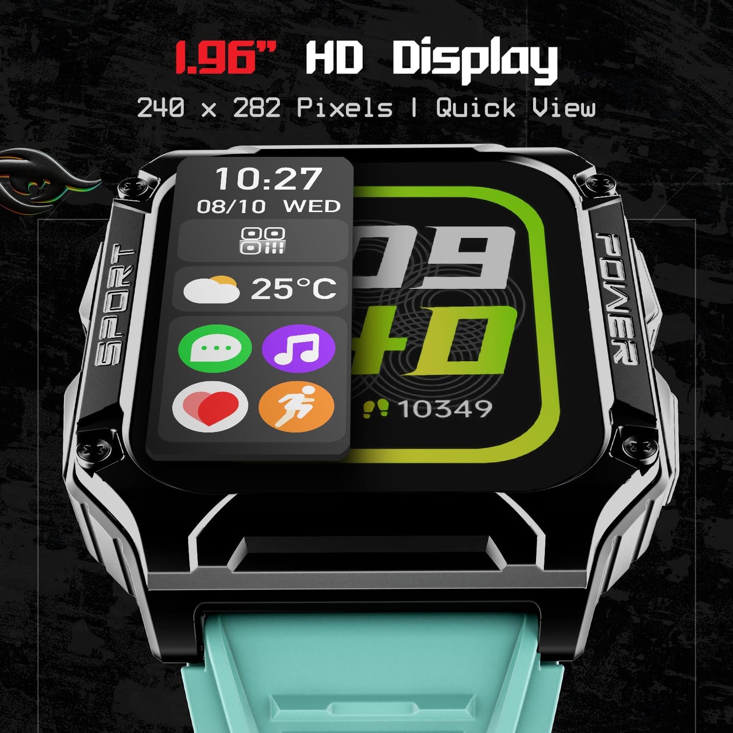 boAt Wave Armour 2 Smart Watch with 1.96" HD Display,BT Calling, Coins, Rugged Design,100+Watch Faces,Compass Feature,Big Box Speakers, HR&SPO2 and Stress Monitoring,IP68(Teal Green)