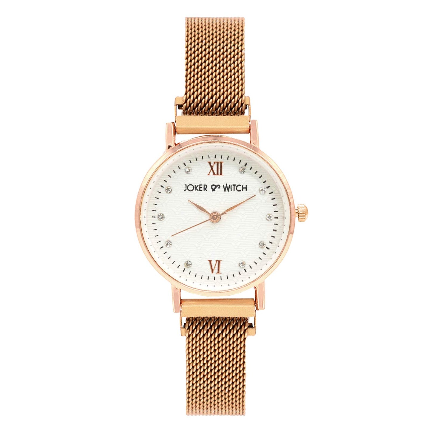 Joker & Witch Stainless Steel Dusk Rosegold Analog Watch Bracelet Set For Women, White Dial, Rose Gold Band