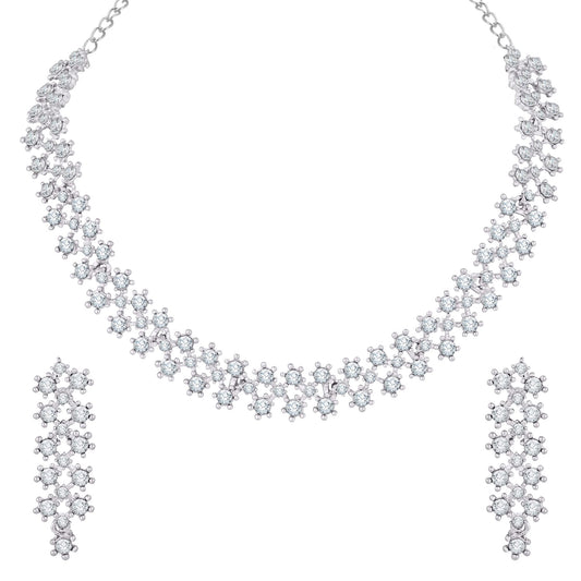 Atasi International Silver Plated White Stones/AD Diamond Necklace with Earrings - Jewellery Set for Women, Girls Best Suits for Party, Wedding and Festive Occasions (R5552)