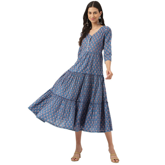 Divena Blue Floral Printed Long Dress