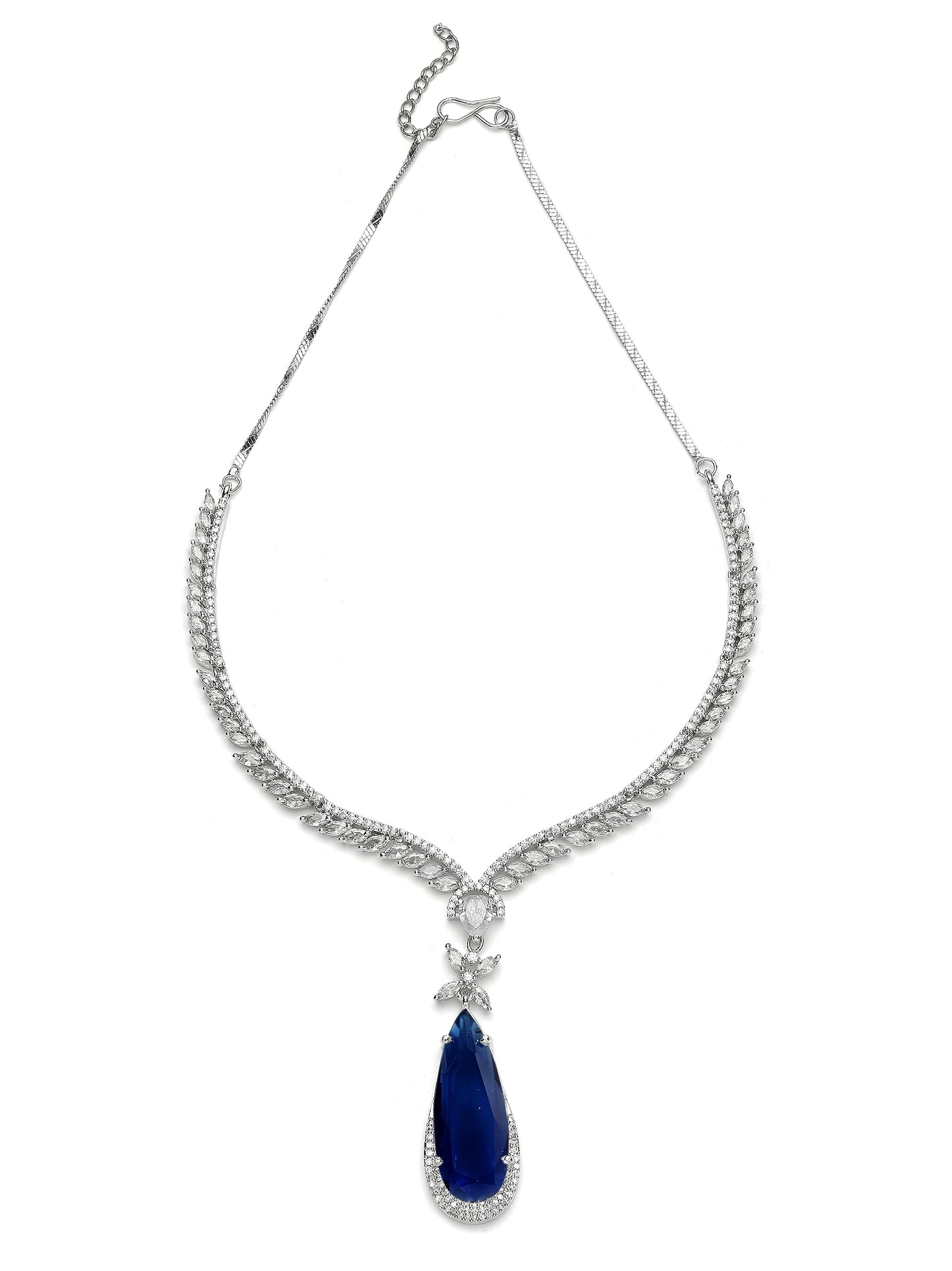 Karatcart Silver Tone Blue Drop Shape American Diamond Studded Jewellery Set for Women
