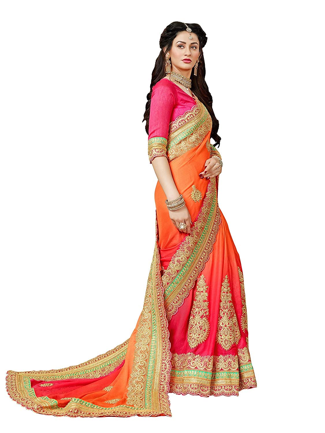 MANOHARI Women Shaded Orange Heavy Embroidery Chiffon Saree With Blouse Piece_Mn360-2