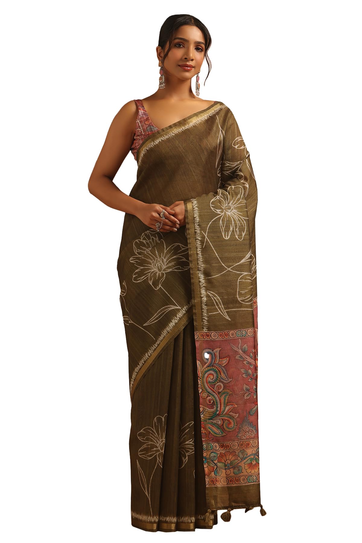 Soch Womens Olive Tussar Floral Saree