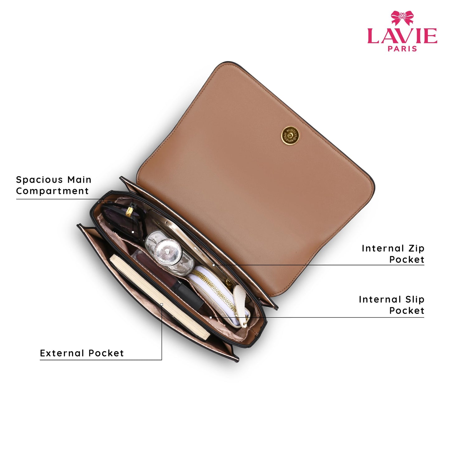 LAVIE PARIS Women's Camelia 3 Compartment Flap Crossbody Sling Bag | Ladies Purse Handbag | Gift for Women