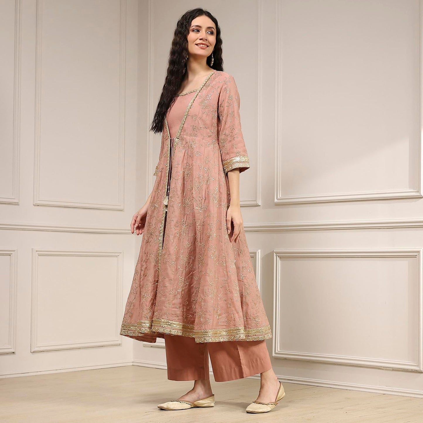 Biba Women's Old Rose Chanderi Anarkali Dyed Fusion Set