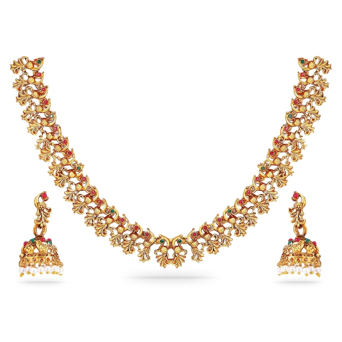 Rubans 22k Gold-Plated Red & Green Stone Studded Handcrafted Traditional Temple Jewellery Set For Women
