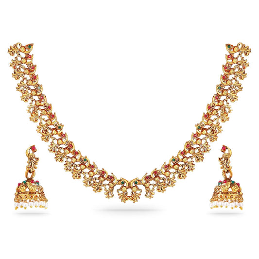 Rubans 22k Gold-Plated Red & Green Stone Studded Handcrafted Traditional Temple Jewellery Set For Women