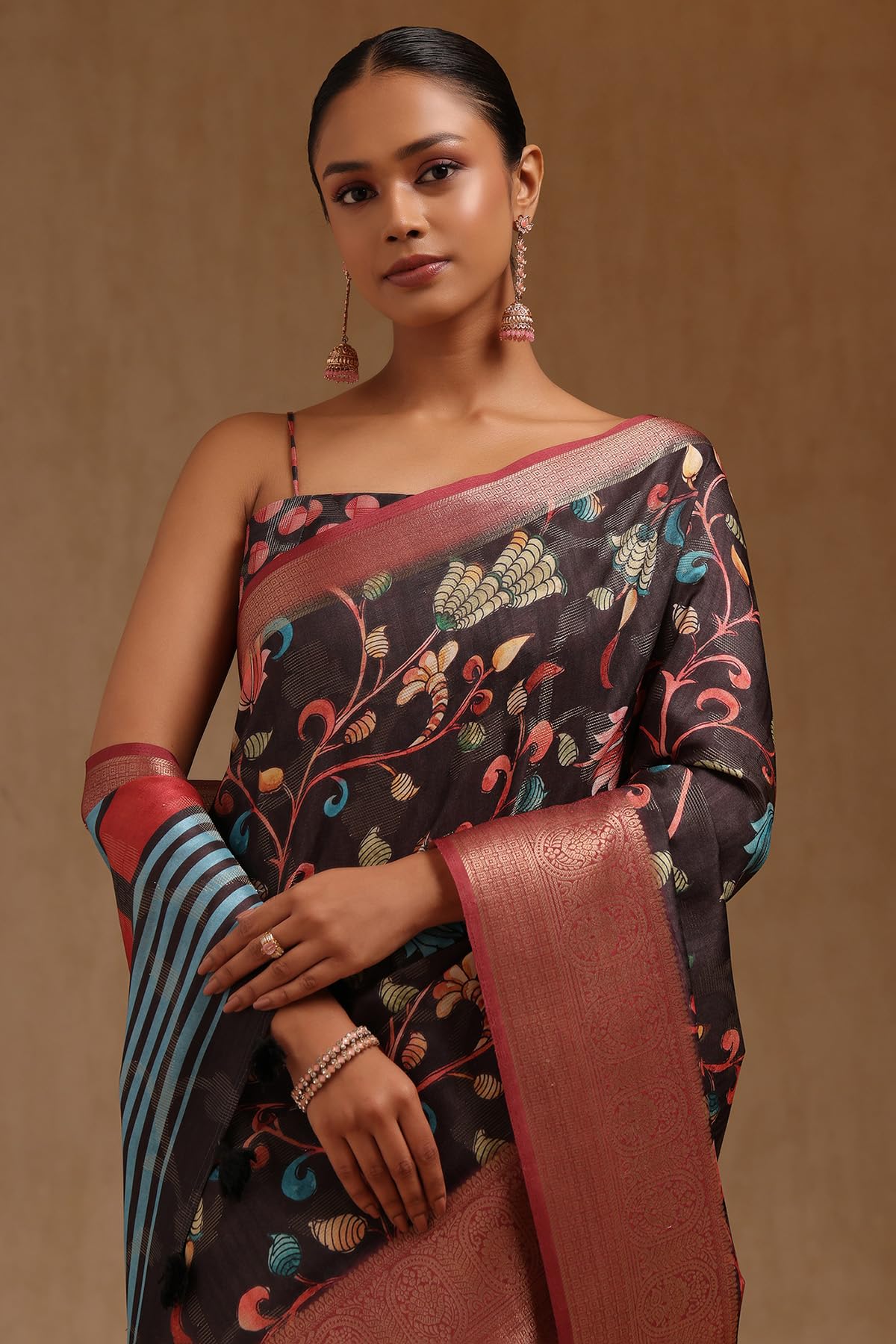 Soch Womens Black Tussar Floral Print Saree