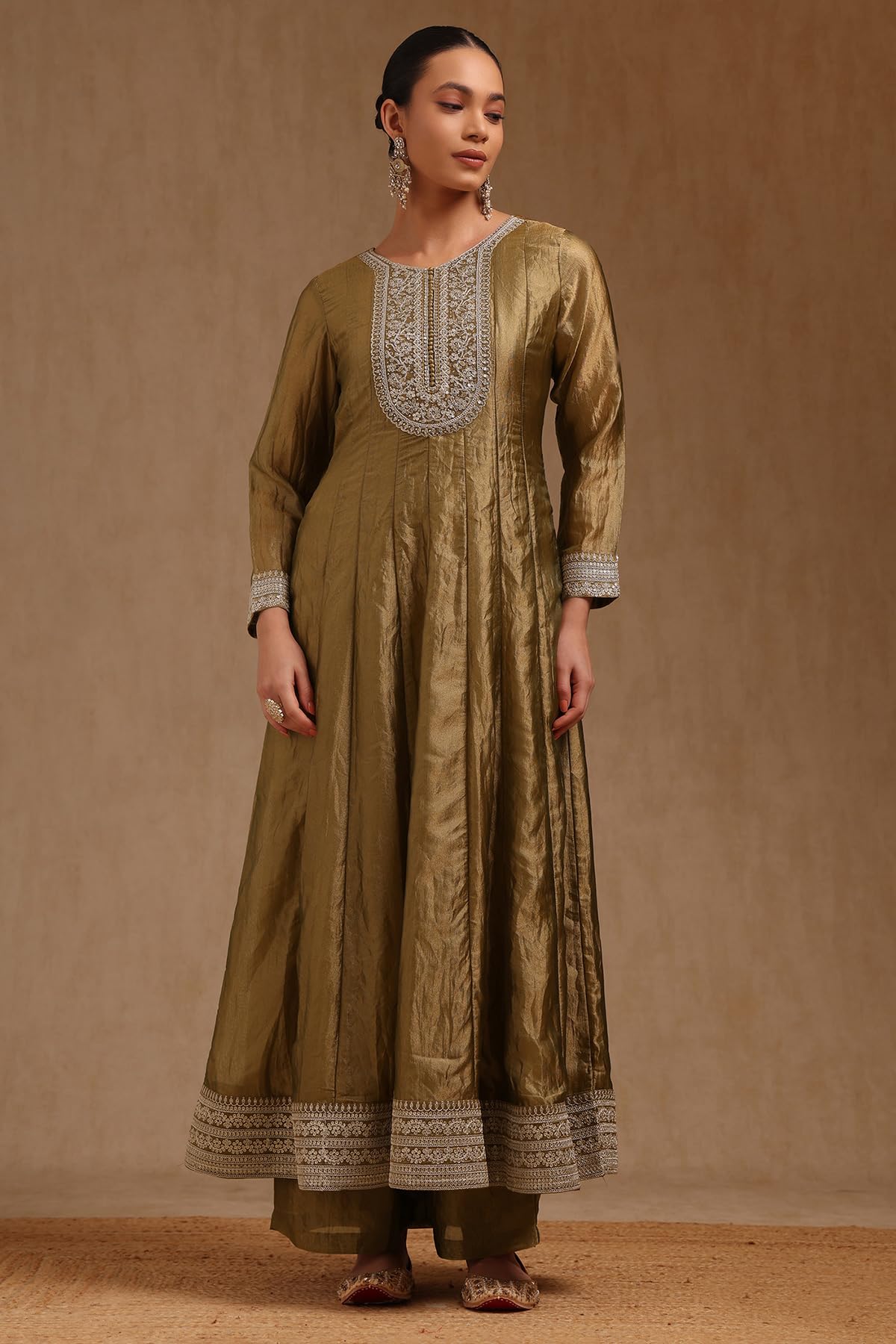 Soch Womens Olive Tissue Embroidered Salwar Suit With Sequins