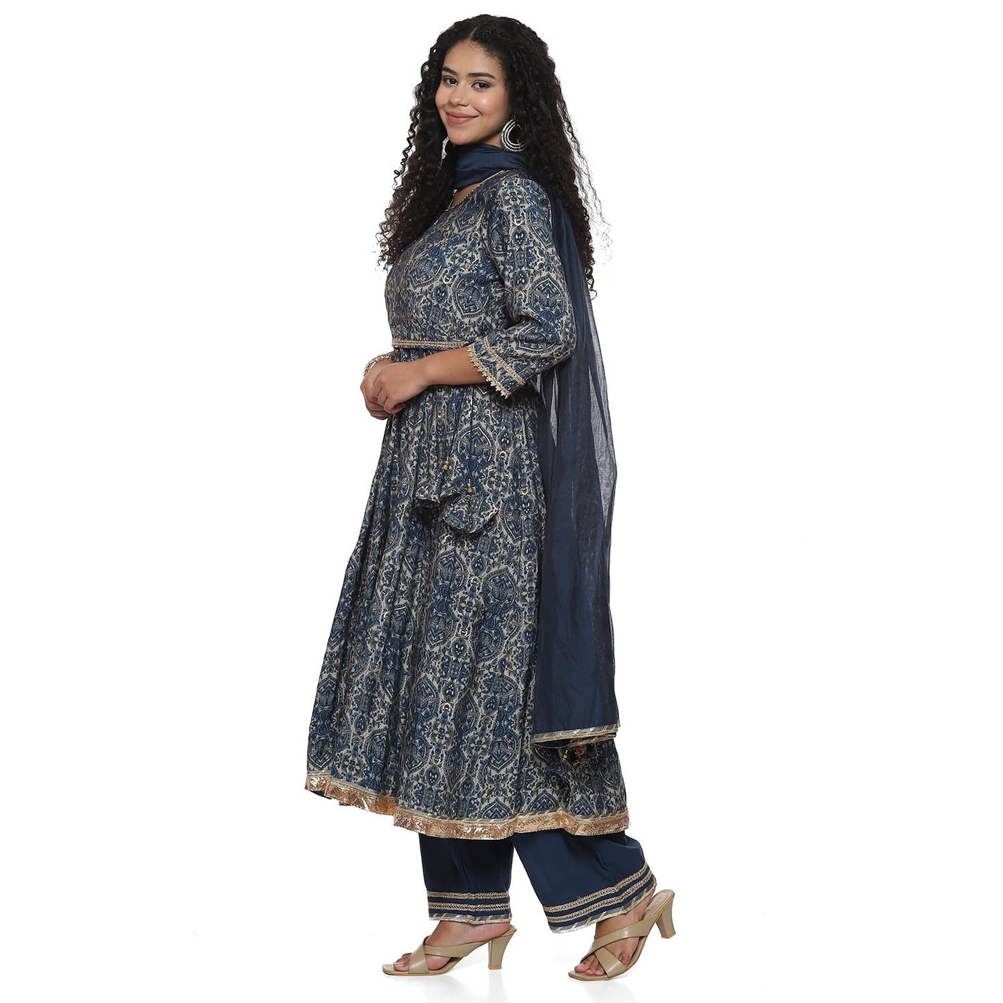 BIBA Polyester Blend Women Blue Poly Viscose Anarkali Kurta Palazzo Suit Set