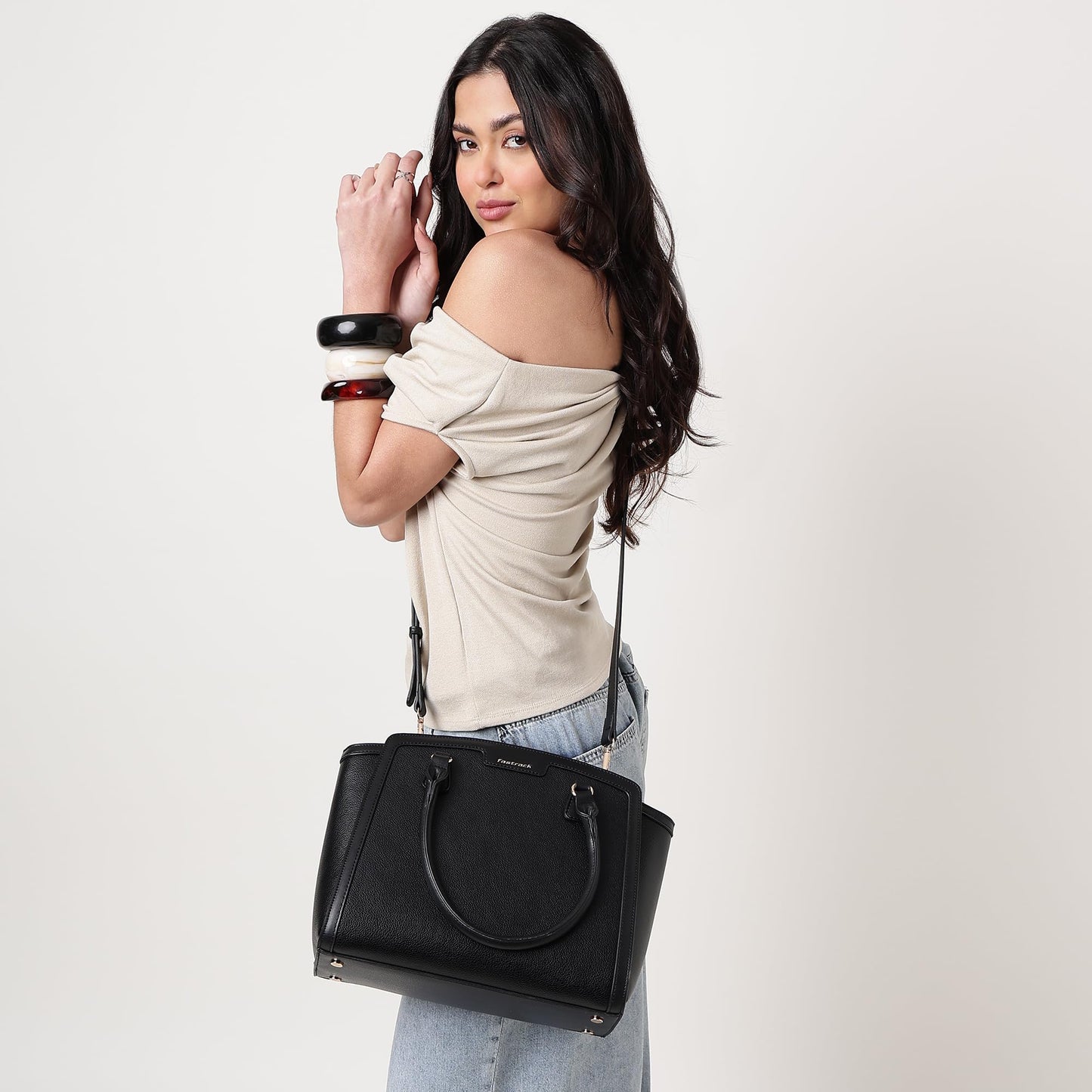 Fastrack Black Core Satchel | Women’s Faux-Leather Handbag in Black | 2 Compartments, Zipper Pockets, External Pocket & Detachable Strap | Gold Hardware