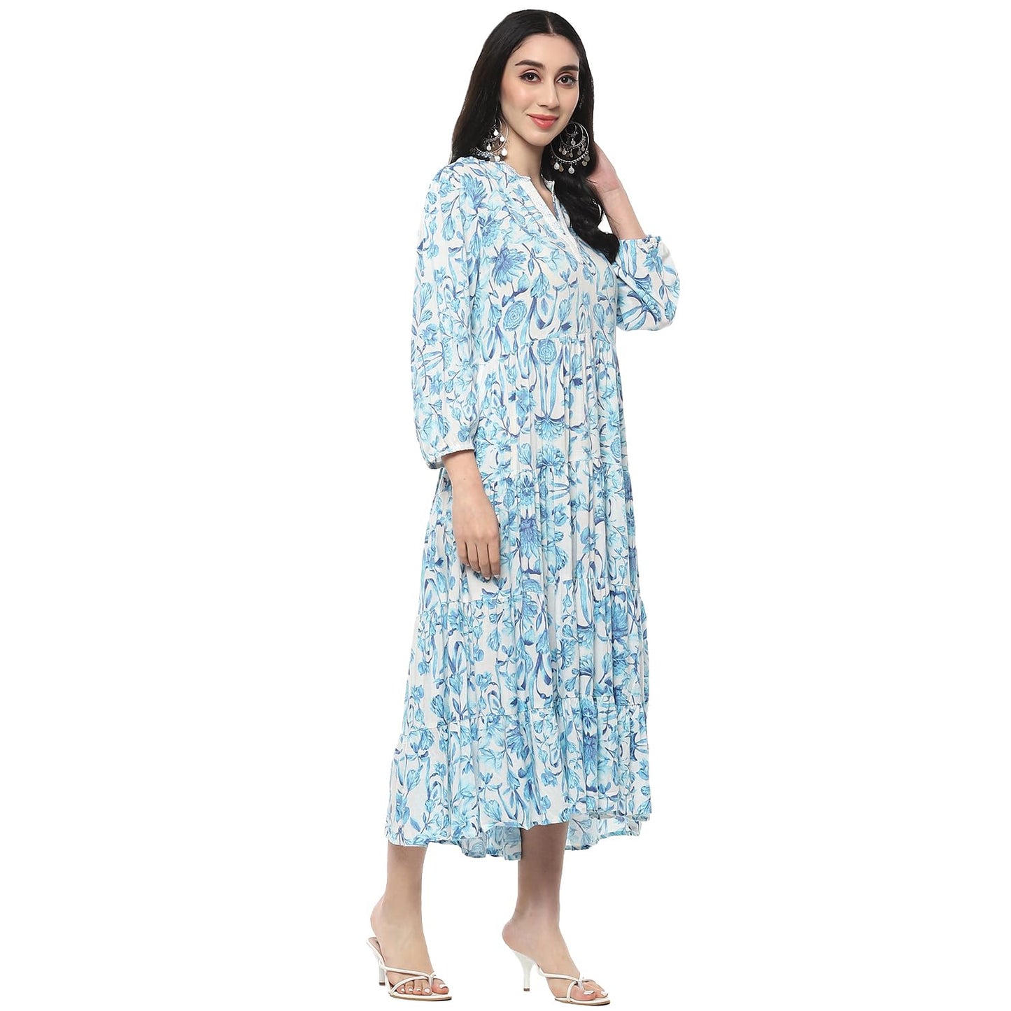 BIBA Women Printed Tired One Piece Dress, Ankle Length Dress Mix and Match(Summer Staples Collection2378_White_34)